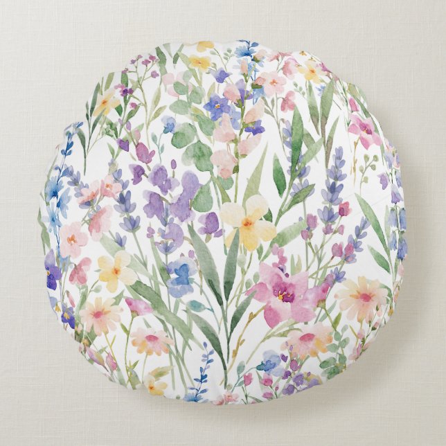 Färgrika akvarellblommor rund kudde (Framsidan)