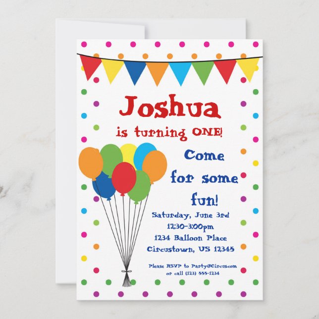 Färgrika ballonger, cirkuskarnevalfödelsedagsfest inbjudningar (Framsida)