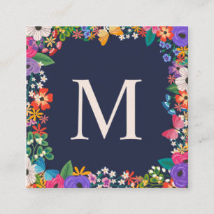 Färgrika blommor & fjäril inramad Monogram Fyrkantigt Visitkort