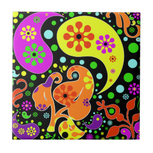 Färgrika blommor och Paisley mönster Retro Trive Kakelplatta