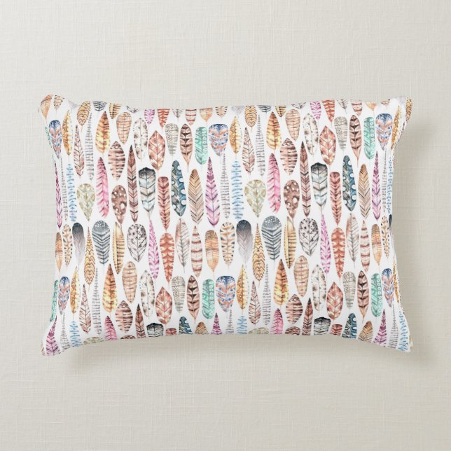 Färgrika bohemiska stam- vattenfärgfjädrar prydnadskudde (Framsidan)
