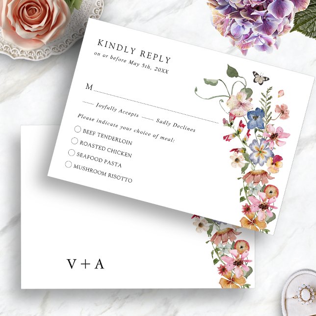 Färgrika Boho-måltider OSA Kort (Colorful Wildflowers Boho Meals RSVP Card Monogrammed with Butterfly by Painted Paperie
)