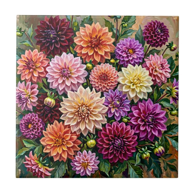 Färgrika Dahlia Blommor Kakelplatta (Framsidan)