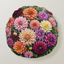 Färgrika Dahlia Blommor Rund Kudde