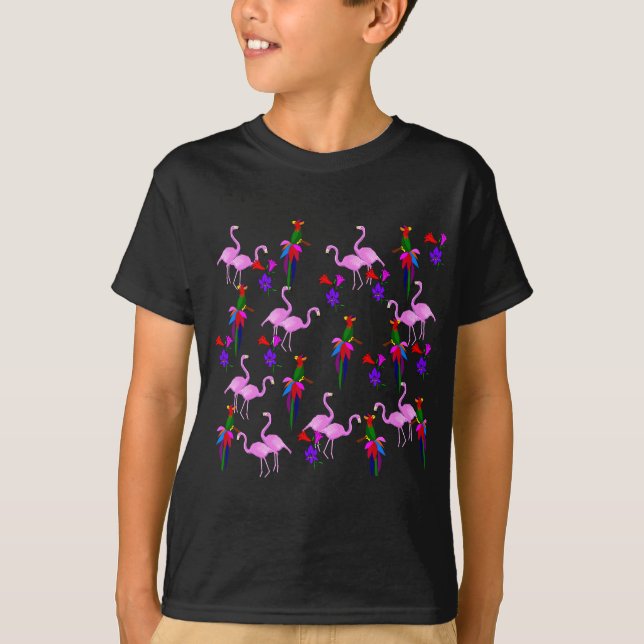 Färgrika fåglar och rosa Flamingos T-shirt (Framsida)