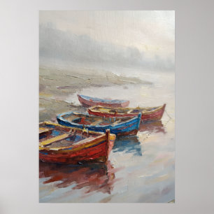 Färgrika fiskebåtar Dimma Strand Oljemålning C Poster