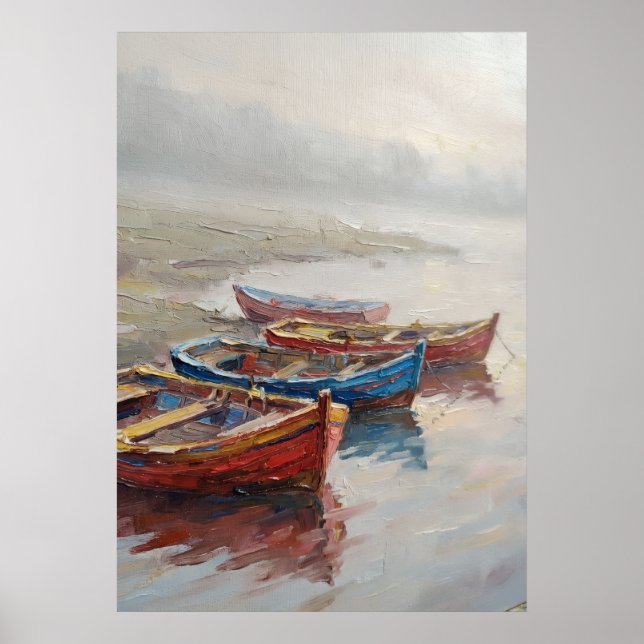 Färgrika fiskebåtar Dimma Strand Oljemålning C Poster (Framsidan)