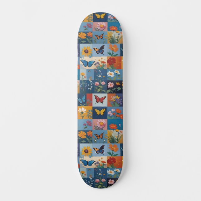 Färgrika fjärilar och vilda blommor lapptäcke mini skateboard bräda 18,5 cm (Framsida)