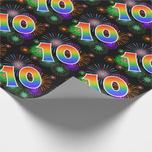 Färgrika fyrverkerier + Regnbågemönster "10" Presentpapper