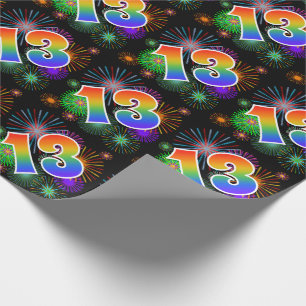Färgrika fyrverkerier + Regnbågemönster "13" Presentpapper