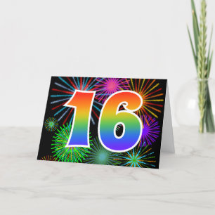 Färgrika fyrverkerier + Regnbågemönster "16" Kort