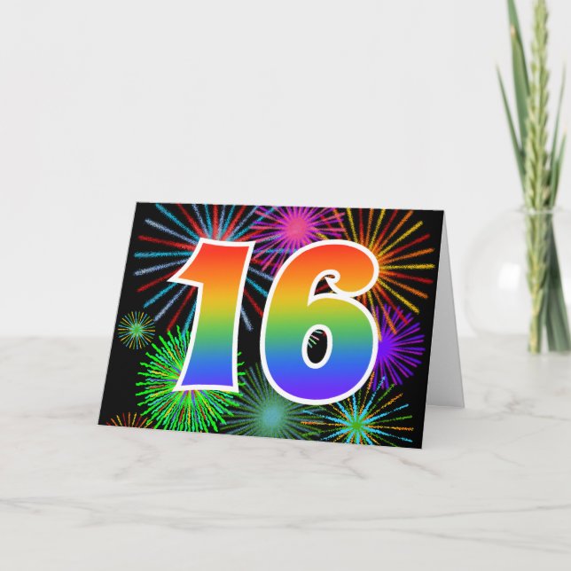 Färgrika fyrverkerier + Regnbågemönster "16" Kort (Framsida)