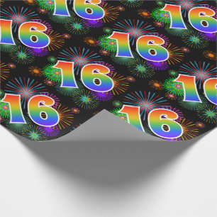 Färgrika fyrverkerier + Regnbågemönster "16" Presentpapper