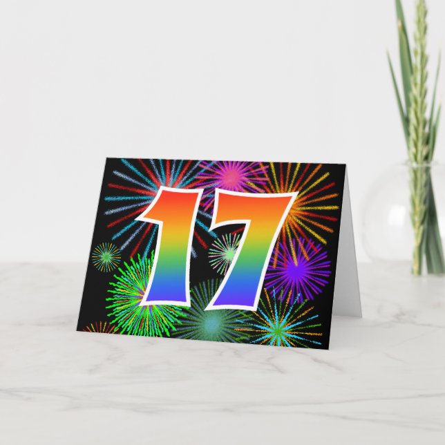 Färgrika fyrverkerier + Regnbågemönster "17" Kort (Framsida)