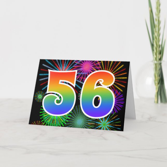 Färgrika fyrverkerier + Regnbågemönster "56" Kort (Framsida)