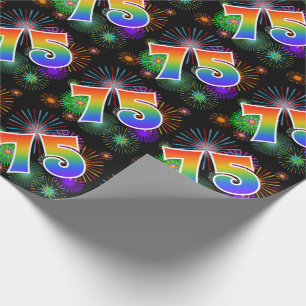 Färgrika fyrverkerier + Regnbågemönster "75" Presentpapper