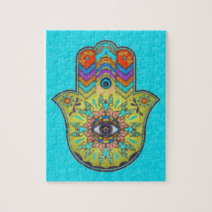 Färgrika Hamsa räcker med paisley Pussel