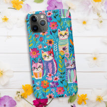 Färgrika katter och blommor Whimsical Lycklig