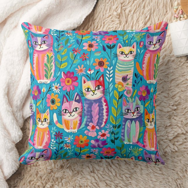 Färgrika katter och blommor Whimsical Lycklig Kudde (Filt)