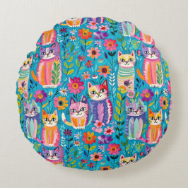 Färgrika katter och blommor Whimsical Lycklig Rund Kudde