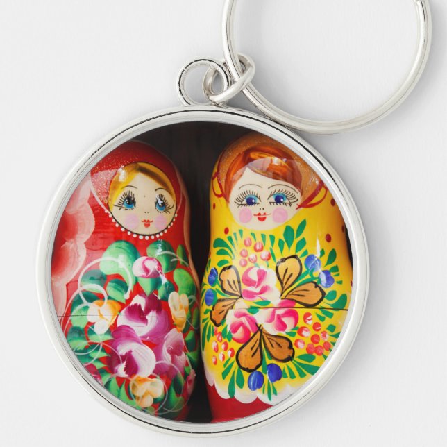 Färgrika Matryoshka dockor Rund Silverfärgad Nyckelring (Framsidan)