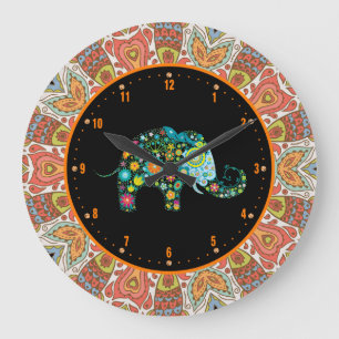 Färgrika Retro blommor & elefant 4 Stor Klocka