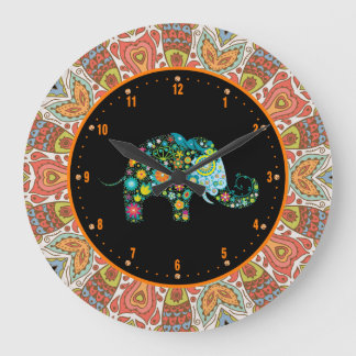 Färgrika Retro blommor & elefant 4 Stor Klocka