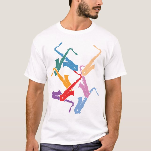 Färgrika saxofoner tee shirt (Framsida)