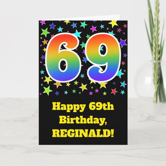 Färgrika stjärnor + Regnbågemönster "69" Kort (Framsida)