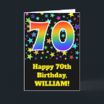 Färgrika stjärnor   Regnbågemönster "70" Kort<br><div class="desc">Bekläda av denna spännande, roliga och vibrerande design för födelsedaghälsningkortet presenterar ett mönster av den färgrika stjärnan formar, tillsammans med numrera "70" ha den mångfärgade regnbågen inspirerat spectrumlutningmönster, på en svart kulör bakgrund. Bekläda presenterar också ett födelsedaghälsningmeddelande, däribland ett beställnings- mottagareare namn. Insidan presenterar ett skräddarsy födelsedaghälsningmeddelande eller kunde kanske...</div>