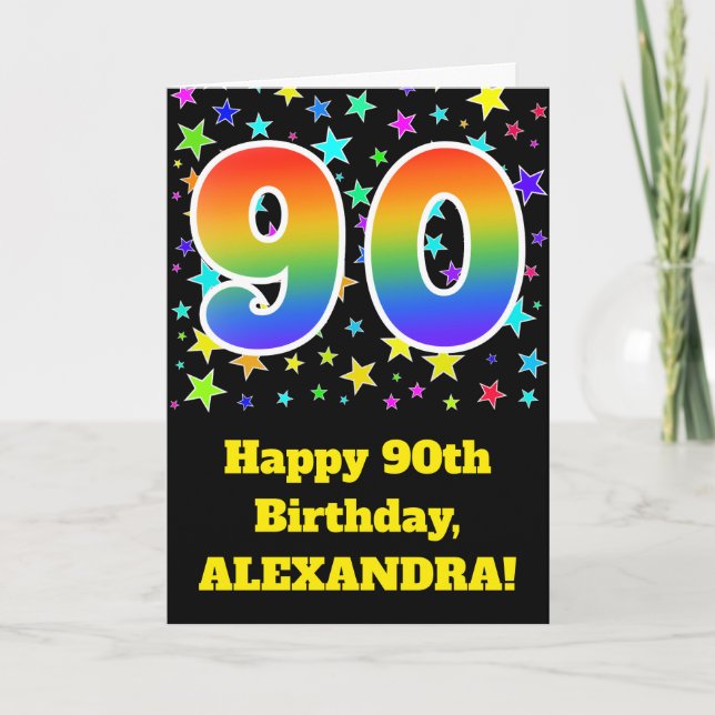 Färgrika stjärnor + Regnbågemönster "90" Kort (Framsida)