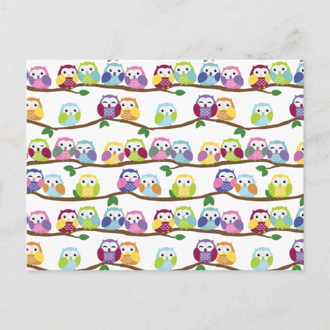 Färgrika ugglor på en gren vykort (Framsida)