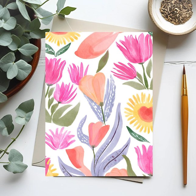 Färgrika Vattenfärg Vilda Blommor | Handmålad Vykort (Skapare uppladdad)