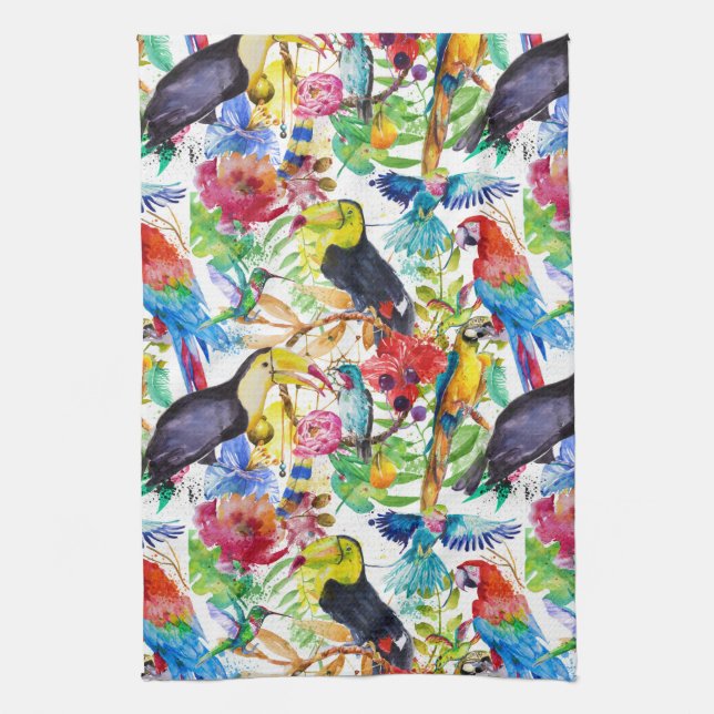Färgrika vattenfärgpapegojor kökshandduk (Vertikal)