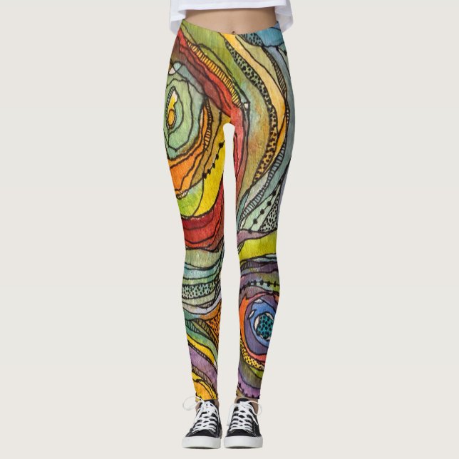Färgrika Vattenfärgscirklar Bläcklinjer Prickar St Leggings (Framsida)