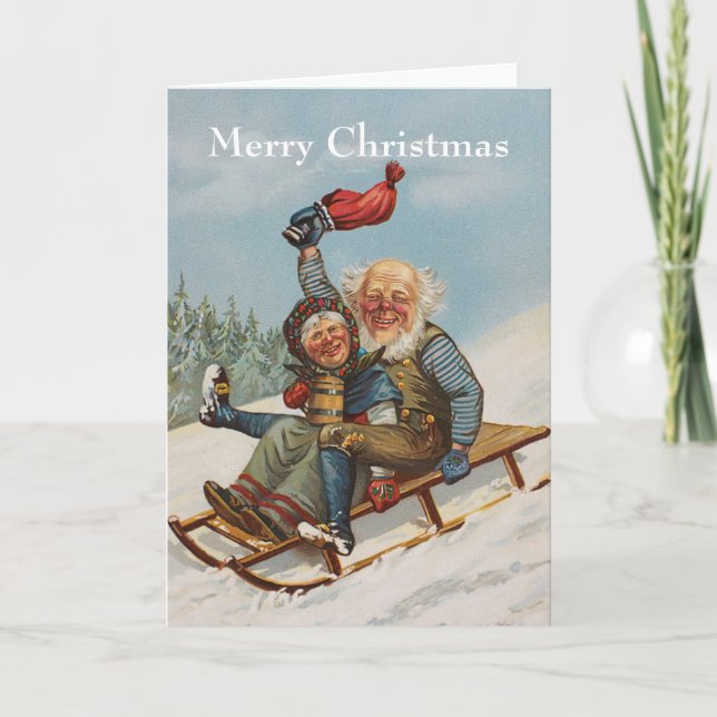 Färgrika vintagegnomes på ett sleighkort helgkort (Framsida)