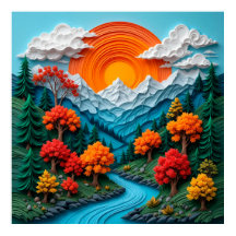 Färgrikt bergslandskap med flod, träd