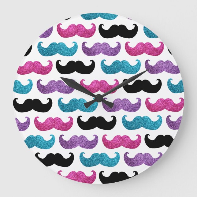 Färgrikt bling mustaschmönster (Fauxglitter) Stor Klocka (Framsida)