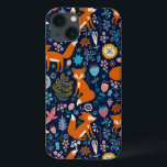 Färgrikt blomma- & rävmönster<br><div class="desc">Gulliga fåglar för färgrika retro blommor och röd illustration för rävtecknadstil på mörk - blåttbakgrundsfärg som du kan ändra</div>