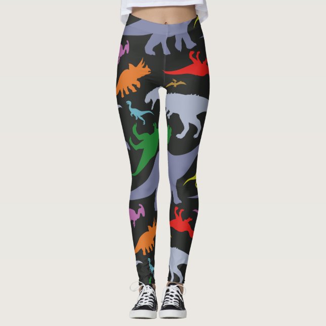 Färgrikt Dinosaurmönster (mörk) Leggings (Framsida)