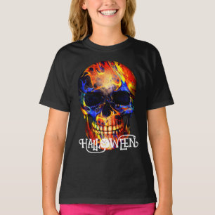 FÄRGRIKT DÖDSKALLE SKELETT GLAD HALLOWEEN KLÄDER T SHIRT
