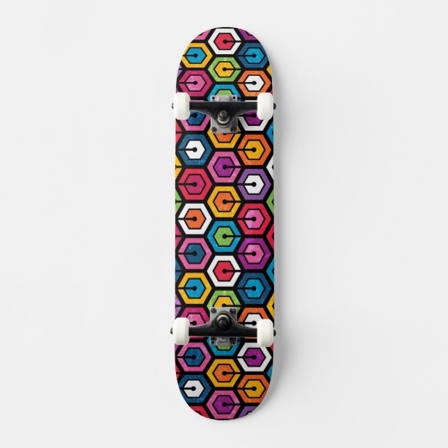 Färgrikt geometriskt mönster med sexhörningar mini skateboard bräda 18,5 cm (Framsida)