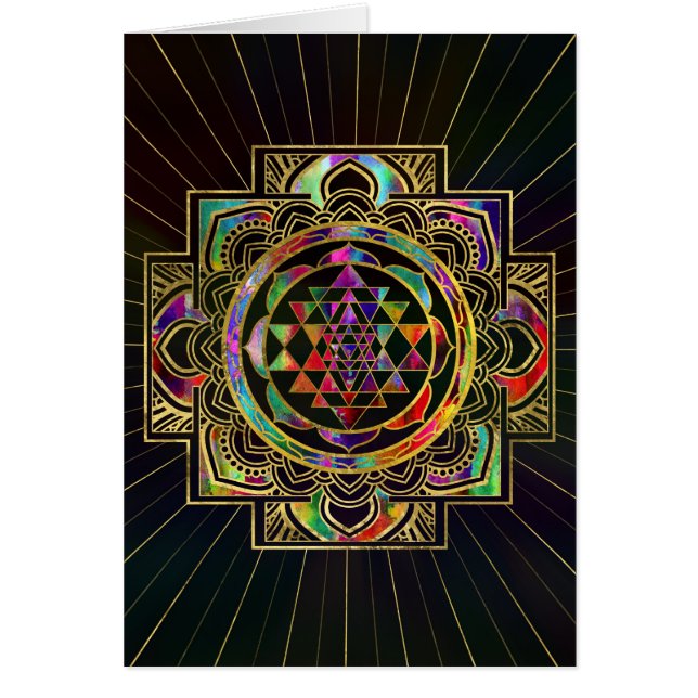 Färgrikt guld inramade Sri Yantra Sri Chakra Hälsningskort (Framsidan)