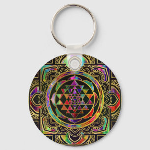 Färgrikt guld inramade Sri Yantra Sri Chakra Nyckelring