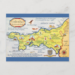 Färgrikt illustrerad karta över Cornwall England Vykort