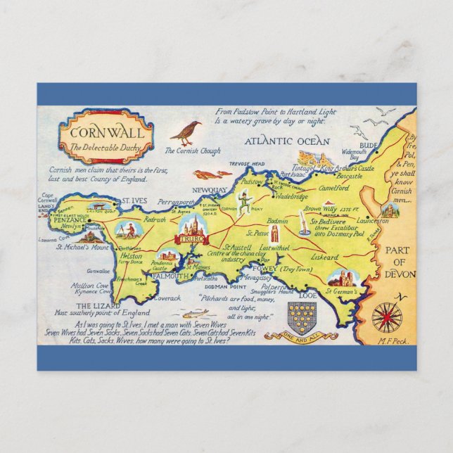Färgrikt illustrerad karta över Cornwall England Vykort (Framsida)