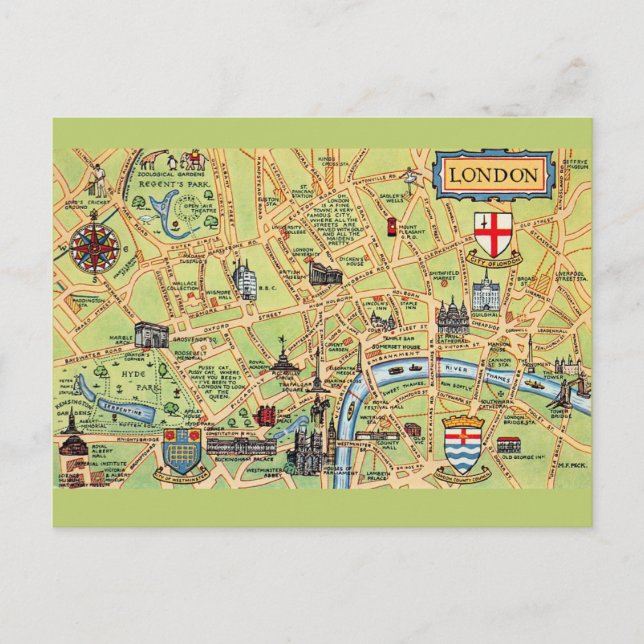 Färgrikt illustrerad karta över London England Vykort (Framsida)