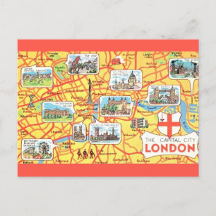 Färgrikt illustrerad karta över London England Vykort