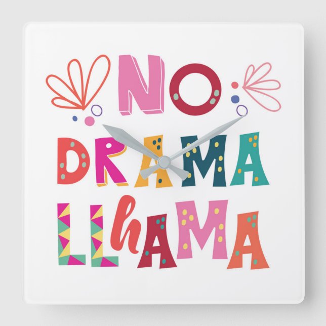 Färgrikt ingen dramaLlama Fyrkantig Klocka (Framsida)