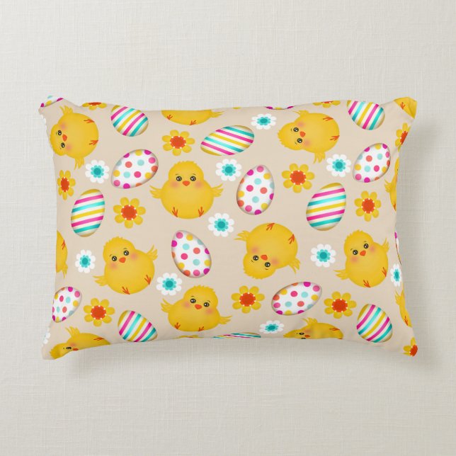 Färgrikt påskägg- och chickmönster prydnadskudde (Framsidan)